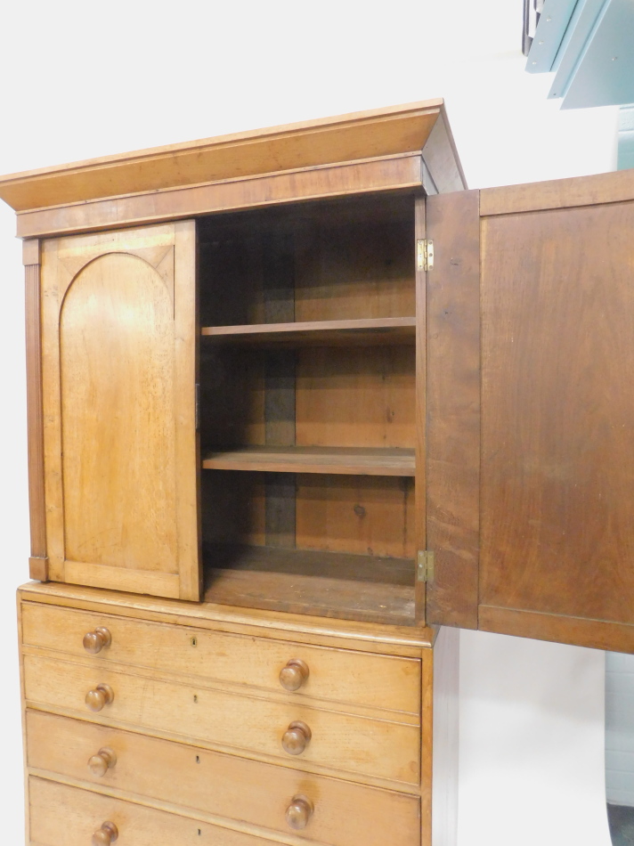 A Victorian oak secretaire cabinet, the top with a moulded cornice above two arched panel doors, - Image 2 of 2