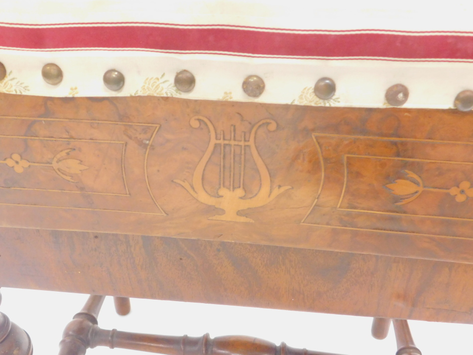 A 19thC walnut and marquetry piano stool, with a padded seat on turned legs with H stretcher, - Image 2 of 3