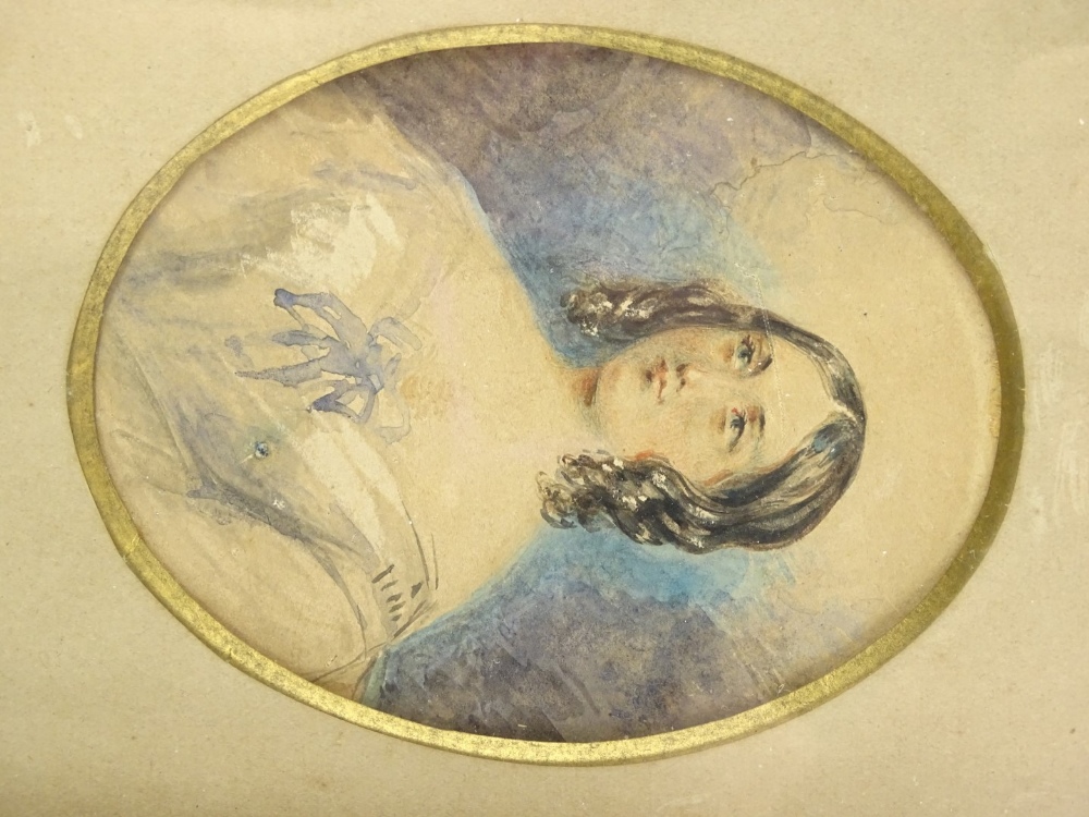 C.E.W (19thC), Portrait miniature of a lady wearing an ivory coloured dress with blue bow, - Image 2 of 2