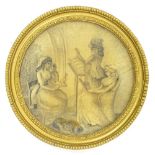 An early 19thC silk embroidered picture, depicting musicians etc., circular 28cm dia.