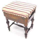 A 19thC walnut and marquetry piano stool, with a padded seat on turned legs with H stretcher,