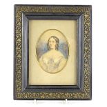 C.E.W (19thC), Portrait miniature of a lady wearing an ivory coloured dress with blue bow,