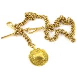 A rolled gold watch chain and a 9ct gold shield fob, the chain with two clips and t-bar, with