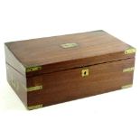 A 19thC mahogany and brass bound campaign style writing box, the hinged lid with a vacant