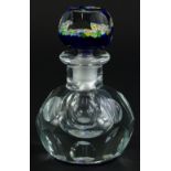 A Whitefriars faceted glass ink or scent bottle, the blue faceted stopper decorated with fine