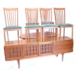 A retro style teak low sideboard, with an arrangement of three frieze drawers and three doors,