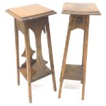 Two similar early 20thC oak plant stands, each with a square top and splayed supports with under