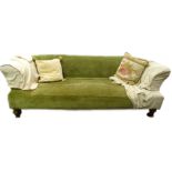 A Victorian walnut Chesterfield sofa, upholstered in green fabric, on turned legs (AF), 183cm W.
