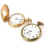 A gold plated half hunter pocket watch, with white enamel dial and Roman numerals, signed Hewett