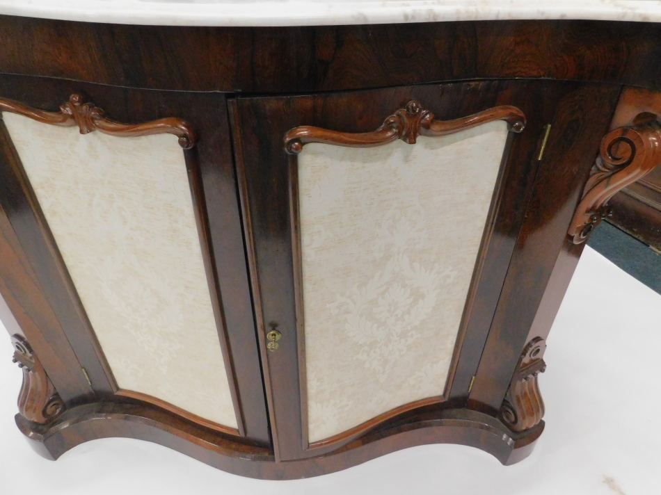 A Victorian rosewood side cabinet, the raised demi lune shaped back with a carved moulded frame, - Image 3 of 3