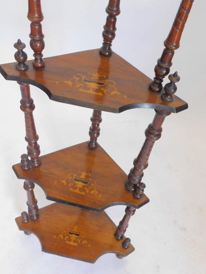 A Victorian walnut three tier corner what-not, each section with marquetry urn, on turned - Image 2 of 2