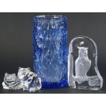 A Whitefriars type blue glass vase, a frog and a lead crystal mouse, etc. (4)