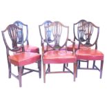 A set of six 19thC mahogany dining chairs in George III style, each with a shield shaped back with