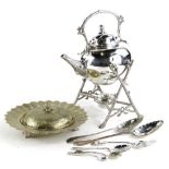 A collection of silver plate, to include a kettle and stand cast with stylised branches etc., a