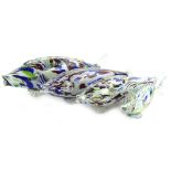 Four Murano style mottled glass fish, the largest 53cm W.