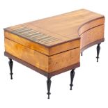 An early 19thC satinwood piano shaped musical box, the hinged lid with inlaid keys and inset with