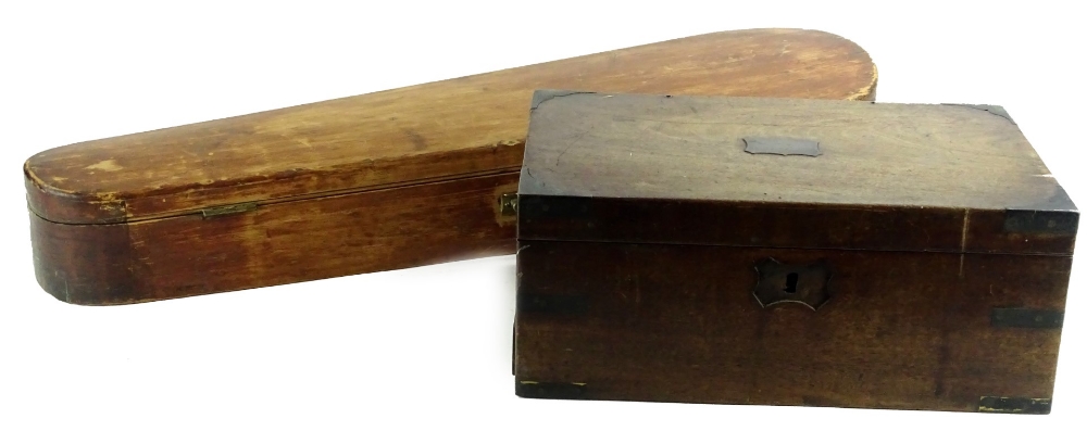 A Victorian mahogany and brass bound writing box, with vacant cartouche (AF) and a wooden violin