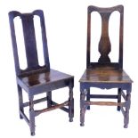 Two 17thC oak side chairs or back stools, each with a solid splat and seat, on part turned legs with