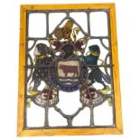 A 19thC leaded stained glass window, decorated with the crests of the City of Oxford, with Latin