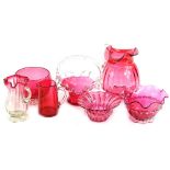 Various items of Victorian cranberry tinted glass, to include jugs, bowls, basket etc.