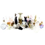 A quantity of scent bottles, to include a 19thC pottery example, decorated with flower swags, an