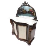 A Victorian rosewood side cabinet, the raised demi lune shaped back with a carved moulded frame,