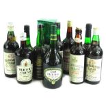 A collection of spirits, mainly various bottles of port, some bottles of sherry and a bottle of