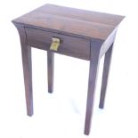 A hardwood side table, rectangular top with a frieze drawer with a hinged brass handle, on square