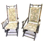 Two similar late 19thC turned beech and walnut American rocking chairs, each with a padded back, arm