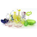 A collection of coloured glass, to include Murano style pieces, vaseline glass etc.