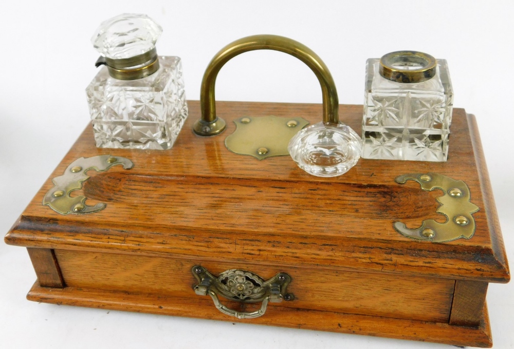 An early 20thC oak inkstand, 31cm W, a Benson type copper kettle, medicine tumbler jar, Arts and - Image 6 of 7