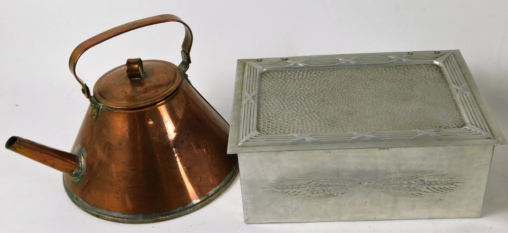 An early 20thC oak inkstand, 31cm W, a Benson type copper kettle, medicine tumbler jar, Arts and - Image 7 of 7