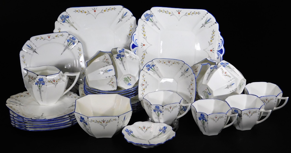 A Shelley Blue Iris pattern tea service, comprising two sandwich plates, 24cm W, sugar bowl, milk