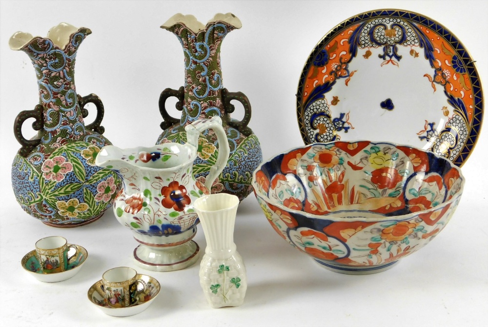 Various pottery effects, etc. a 19thC Gaudy Welsh jug 12cm H, Rhiems type miniature coffee cans