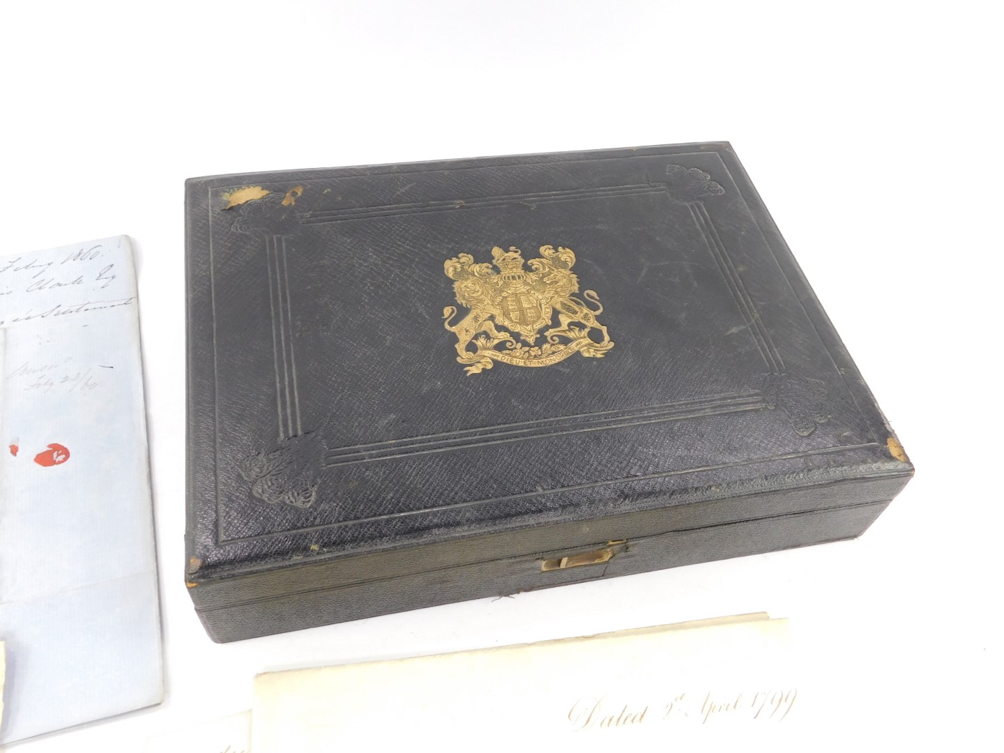 A 19thC black Morocco deed box, embossed with a gilt Royal Coat of Arms and Prince of Wales - Image 4 of 5