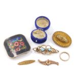 An 18ct gold and gem set ring, size P, 1.9g, a 9ct gold eternity ring, a 9ct gold baby brooch, a