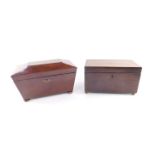 A Regency mahogany tea caddy of sarcophagus form, the hinged lid opening to reveal three