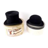 A black silk top hat, size 6 3/4, boxed, together with a Billings & Edenhams Ltd bowler hat. (2)