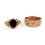 A gentleman's 9ct gold and diamond signet ring, with engraved decoration, size T, and a 9ct gold and