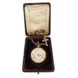 A lady's 14ct gold late 19thC pocket watch, open faced, keyless wind, circular white dial bearing