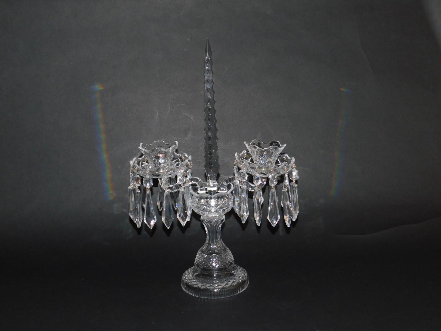 A Waterford crystal twin branch candelabrum, with a central faceted spike and faceted drops, - Image 4 of 4