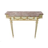 An Adam style painted pine serpentine console table, early 20thC, with a veined red marble top,