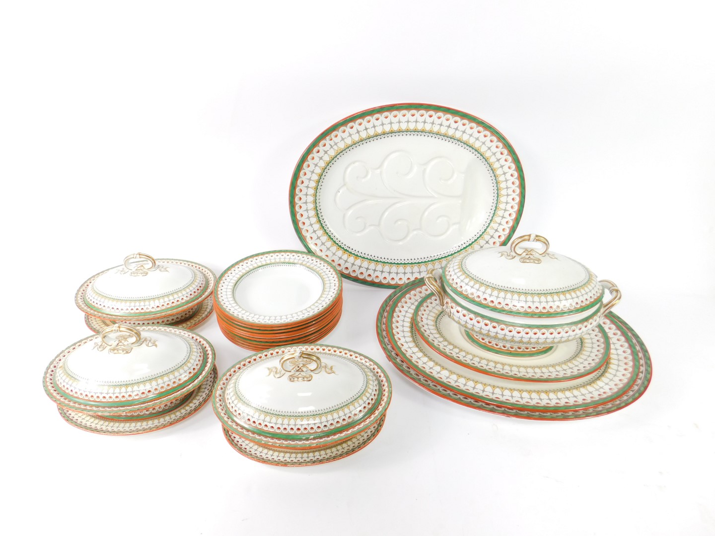 A Minton late 19thC pottery part dinner service, decorated in the Venetian pattern, comprising three