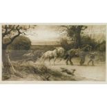 Herbert Dicksee (1862-1942). Horses pulling a hay wain in stormy winds, etching, signed, published