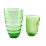 A Whitefriars green glass optical vase, circa 1950's, of bucket form, 30cm H., together with an