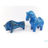 A Bitossi Rimini Blue pottery bull, c1960s, designed by Aldo Londi, 32cm L, together with a Rimini