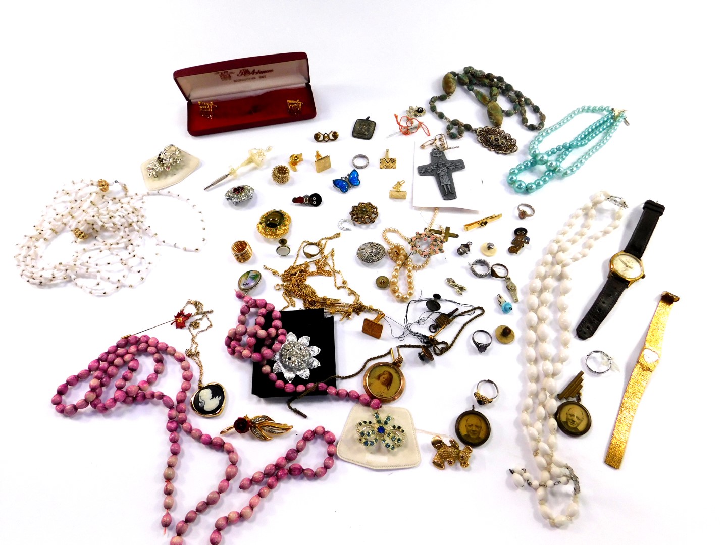 Costume jewellery, including an Oris gentleman's automatic wristwatch, brooches, beads, cuff