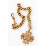 A 9ct gold chain, with hinged clasp and 9ct pierced medallion initialled "AH" 27.5g.