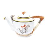 A Royal Worcester mammoth teapot, the lid with fox finial, riding crop handle, painted with a