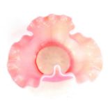 A Victorian pink vaseline glass dish, of frilled triform, 22cm Dia.